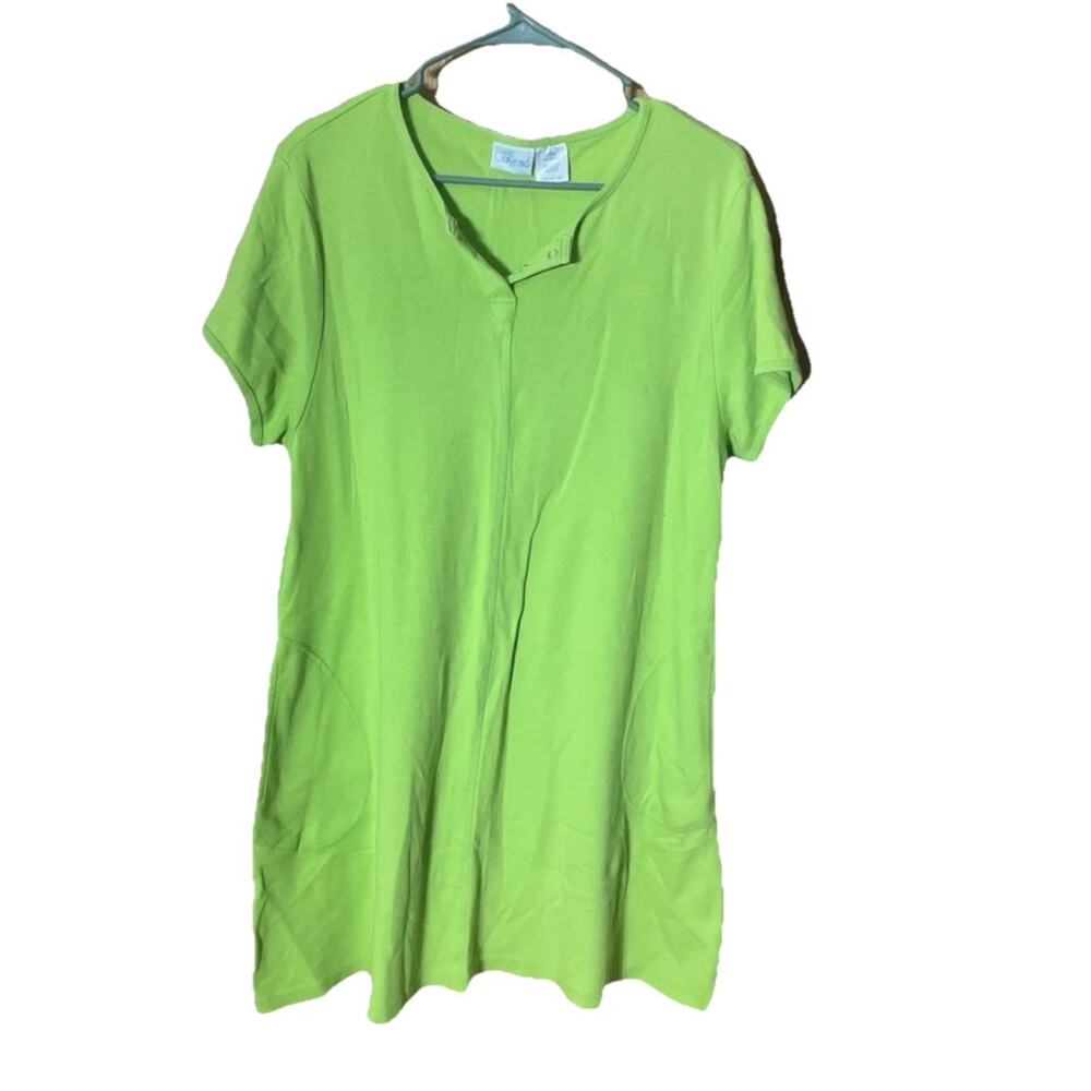 Calypso Women's Tunic Dress Large Green Snap Front Cotton Casual Pockets